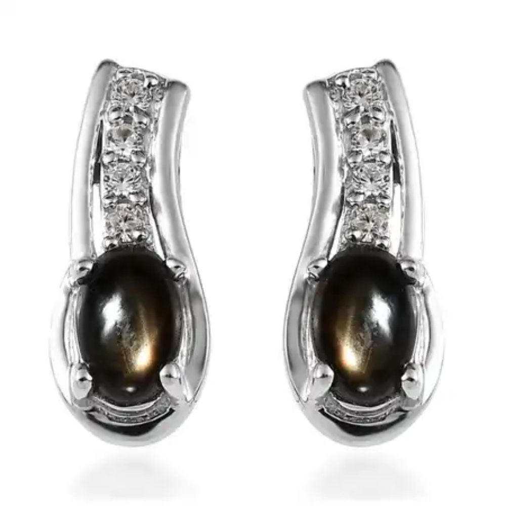 NWT NATURAL BLACK STAR SAPPHIRE & WHITE ZIRCON PLATINUM OVER SILVER EARRINGS